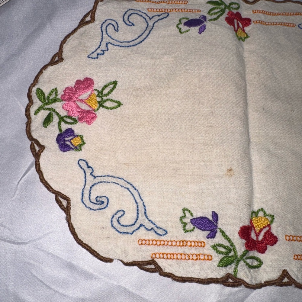 VTG Floral Embroidered doily or antimacassar